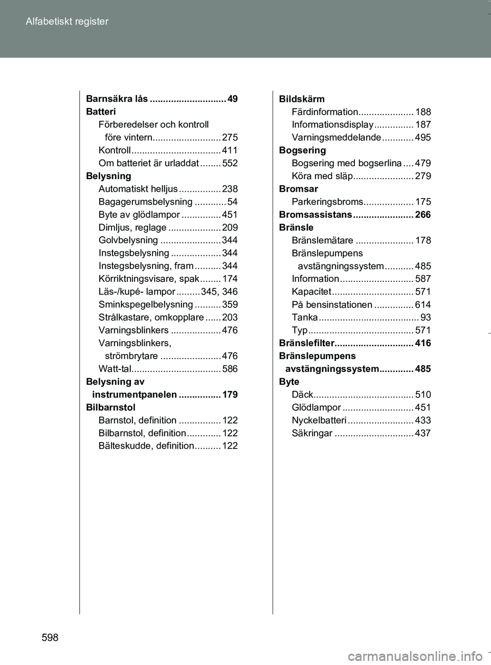 TOYOTA VERSO 2016 Bruksanvisningar (in Swedish) 598
Alfabetiskt register
OM64590SE
Barnsäkra lås ............................. 49
Batteri
Förberedelser och kontroll
före vintern.......................... 275
Kontroll .......................... TOYOTA VERSO 2016 Bruksanvisningar (in Swedish) 598
Alfabetiskt register
OM64590SE
Barnsäkra lås ............................. 49
Batteri
Förberedelser och kontroll
före vintern.......................... 275
Kontroll ..........................