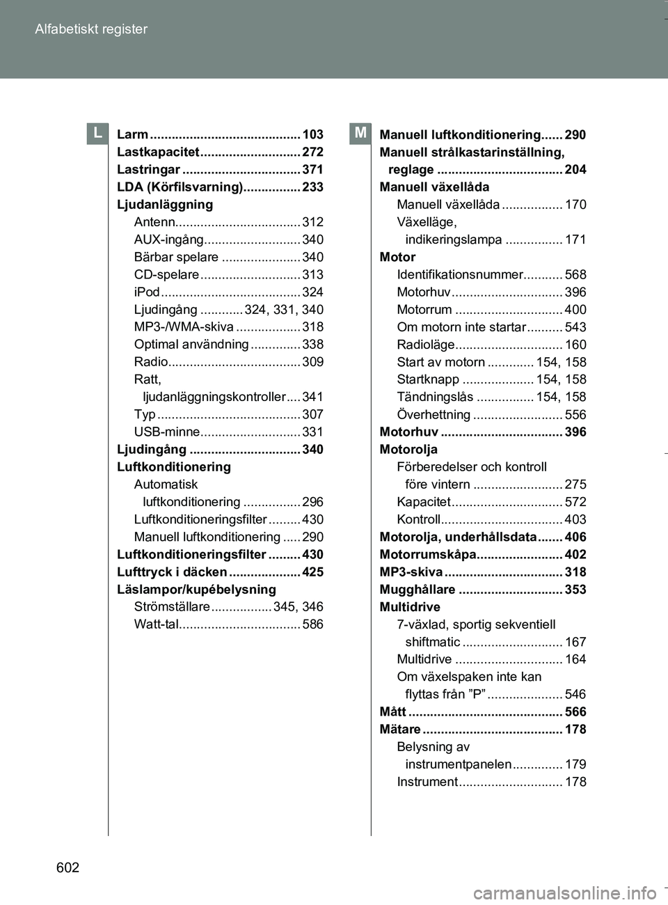 TOYOTA VERSO 2016 Bruksanvisningar (in Swedish) 602
Alfabetiskt register
OM64590SE
Larm .......................................... 103
Lastkapacitet ............................ 272
Lastringar ................................. 371
LDA (Körfilsvarn TOYOTA VERSO 2016 Bruksanvisningar (in Swedish) 602
Alfabetiskt register
OM64590SE
Larm .......................................... 103
Lastkapacitet ............................ 272
Lastringar ................................. 371
LDA (Körfilsvarn