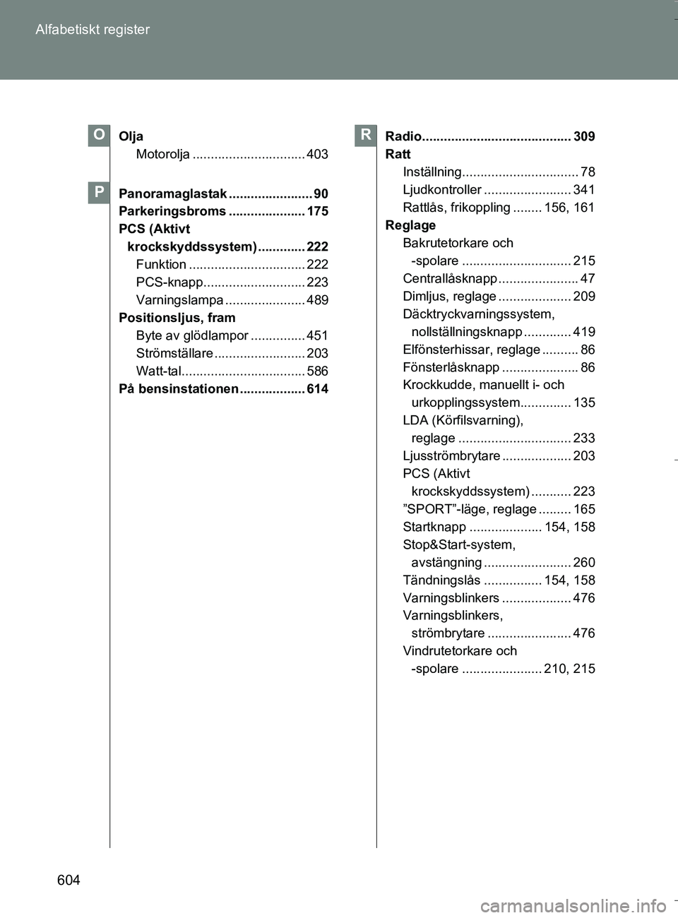 TOYOTA VERSO 2016 Bruksanvisningar (in Swedish) 604
Alfabetiskt register
OM64590SE
Olja
Motorolja ............................... 403
Panoramaglastak ....................... 90
Parkeringsbroms ..................... 175
PCS (Aktivt krockskyddssyste TOYOTA VERSO 2016 Bruksanvisningar (in Swedish) 604
Alfabetiskt register
OM64590SE
Olja
Motorolja ............................... 403
Panoramaglastak ....................... 90
Parkeringsbroms ..................... 175
PCS (Aktivt krockskyddssyste