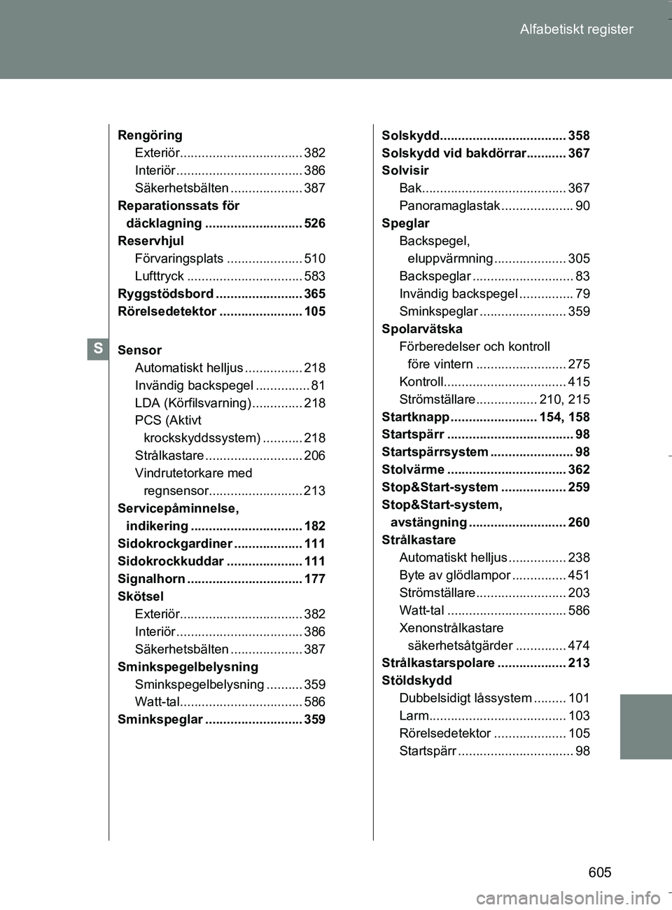TOYOTA VERSO 2016 Bruksanvisningar (in Swedish) 605
Alfabetiskt register
OM64590SE
Rengöring
Exteriör.................................. 382
Interiör ................................... 386
Säkerhetsbälten .................... 387
Reparationssa TOYOTA VERSO 2016 Bruksanvisningar (in Swedish) 605
Alfabetiskt register
OM64590SE
Rengöring
Exteriör.................................. 382
Interiör ................................... 386
Säkerhetsbälten .................... 387
Reparationssa