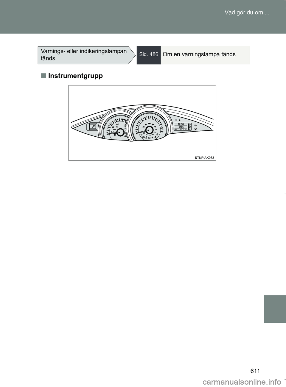 TOYOTA VERSO 2016  Bruksanvisningar (in Swedish) 611
Vad gör du om ...
OM64590SE
n
Instrumentgrupp
Varnings- eller indikeringslampan 
tändsSid. 486Om en varningslampa tänds
OM64590SE.book  Page 611  Thursday, August 4, 2016  1:59 PM 