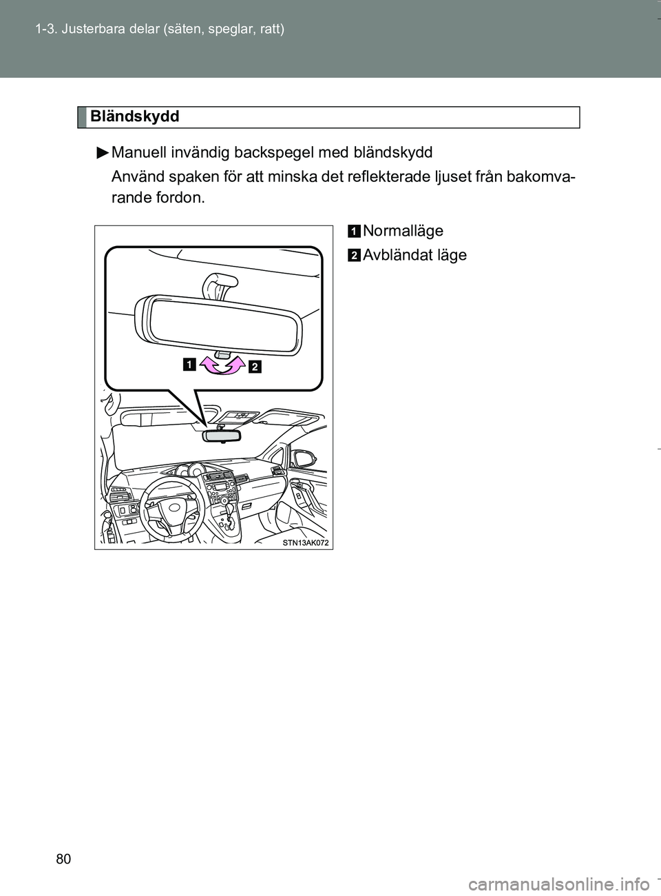 TOYOTA VERSO 2016 Bruksanvisningar (in Swedish) 80
1-3. Justerbara delar (säten, speglar, ratt)
OM64590SE
Bländskydd
Manuell invändig backspegel med bländskydd
Använd spaken för att minska det reflekterade ljuset från bakomva-
rande fordon. TOYOTA VERSO 2016 Bruksanvisningar (in Swedish) 80
1-3. Justerbara delar (säten, speglar, ratt)
OM64590SE
Bländskydd
Manuell invändig backspegel med bländskydd
Använd spaken för att minska det reflekterade ljuset från bakomva-
rande fordon.