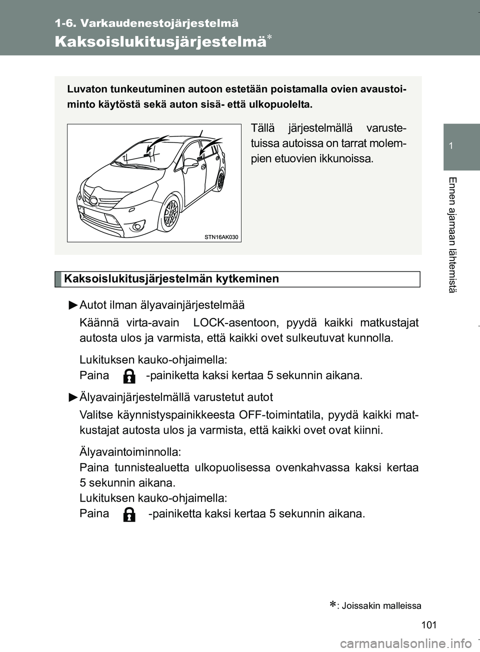 TOYOTA VERSO 2016 Omistajan Käsikirja (in Finnish) 101
1
1-6. Varkaudenestojärjestelmä
Ennen ajamaan lähtemistä
OM64590FI
Kaksoislukitusjärjestelmä
Kaksoislukitusjärjestelmän kytkeminenAutot ilman älyavainjärjestelmää
Käännä virta-av TOYOTA VERSO 2016 Omistajan Käsikirja (in Finnish) 101
1
1-6. Varkaudenestojärjestelmä
Ennen ajamaan lähtemistä
OM64590FI
Kaksoislukitusjärjestelmä
Kaksoislukitusjärjestelmän kytkeminenAutot ilman älyavainjärjestelmää
Käännä virta-av
