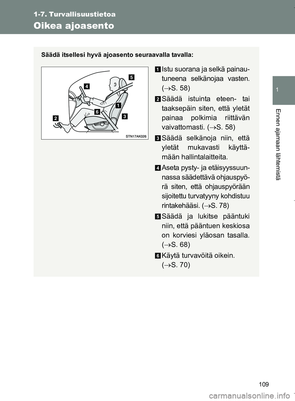 TOYOTA VERSO 2016 Omistajan Käsikirja (in Finnish) 109
1
Ennen ajamaan lähtemistä
OM64590FI
1-7. Turvallisuustietoa
Oikea ajoasento
Säädä itsellesi hyvä ajoasento seuraavalla tavalla:
Istu suorana ja selkä painau-
tuneena selkänojaa vasten.
(ï TOYOTA VERSO 2016 Omistajan Käsikirja (in Finnish) 109
1
Ennen ajamaan lähtemistä
OM64590FI
1-7. Turvallisuustietoa
Oikea ajoasento
Säädä itsellesi hyvä ajoasento seuraavalla tavalla:
Istu suorana ja selkä painau-
tuneena selkänojaa vasten.
(ï