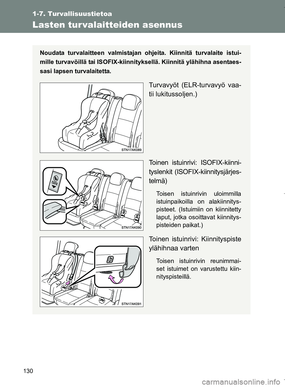 TOYOTA VERSO 2016 Omistajan Käsikirja (in Finnish) 130
1-7. Turvallisuustietoa
OM64590FI
Lasten tur valaitteiden asennus
Noudata turvalaitteen valmistajan ohjeita. Kiinnitä turvalaite istui-
mille turvavöillä tai ISOFIX-kiinnityksellä. Kiinnitä y TOYOTA VERSO 2016 Omistajan Käsikirja (in Finnish) 130
1-7. Turvallisuustietoa
OM64590FI
Lasten tur valaitteiden asennus
Noudata turvalaitteen valmistajan ohjeita. Kiinnitä turvalaite istui-
mille turvavöillä tai ISOFIX-kiinnityksellä. Kiinnitä y