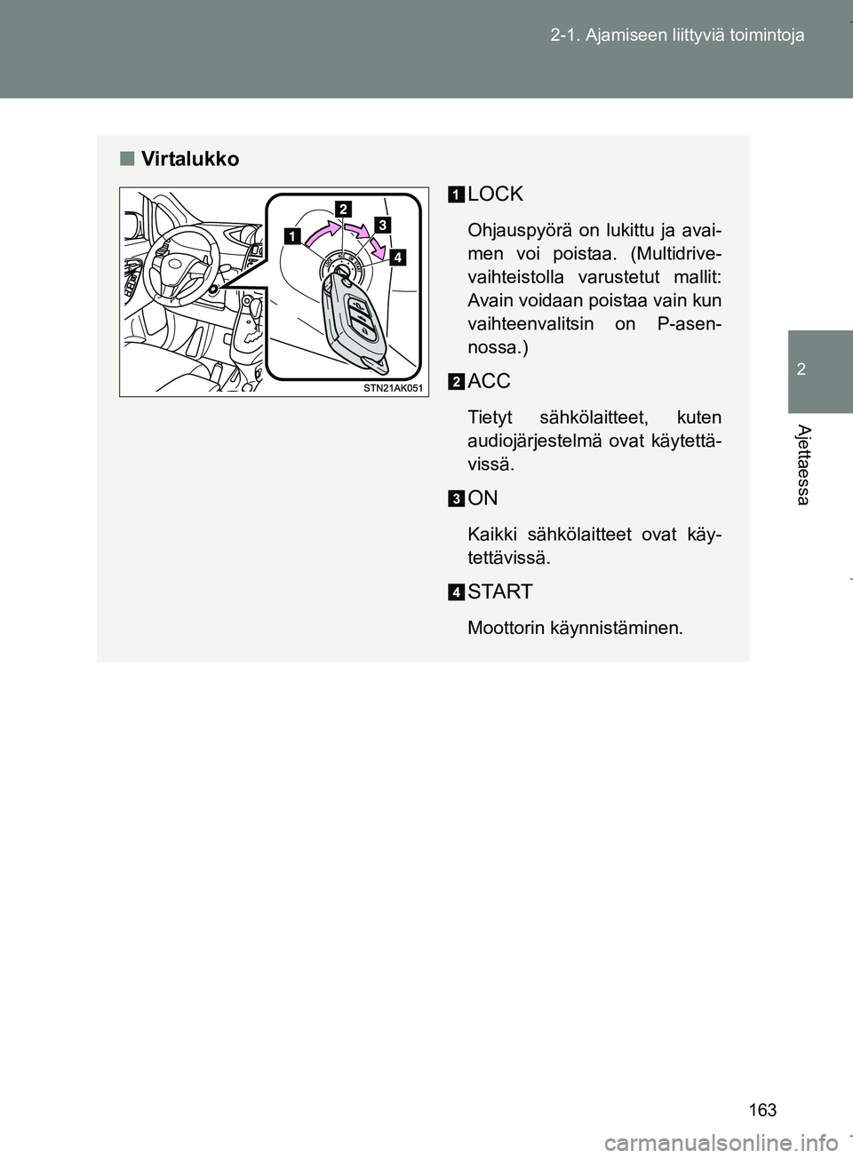 TOYOTA VERSO 2016 Omistajan Käsikirja (in Finnish) 163
2-1. Ajamiseen liittyviä toimintoja
2
Ajettaessa
OM64590FI
n
Virtalukko
LOCK
Ohjauspyörä on lukittu ja avai-
men voi poistaa. (Multidrive-
vaihteistolla varustetut mallit:
Avain voidaan poistaa TOYOTA VERSO 2016 Omistajan Käsikirja (in Finnish) 163
2-1. Ajamiseen liittyviä toimintoja
2
Ajettaessa
OM64590FI
n
Virtalukko
LOCK
Ohjauspyörä on lukittu ja avai-
men voi poistaa. (Multidrive-
vaihteistolla varustetut mallit:
Avain voidaan poistaa