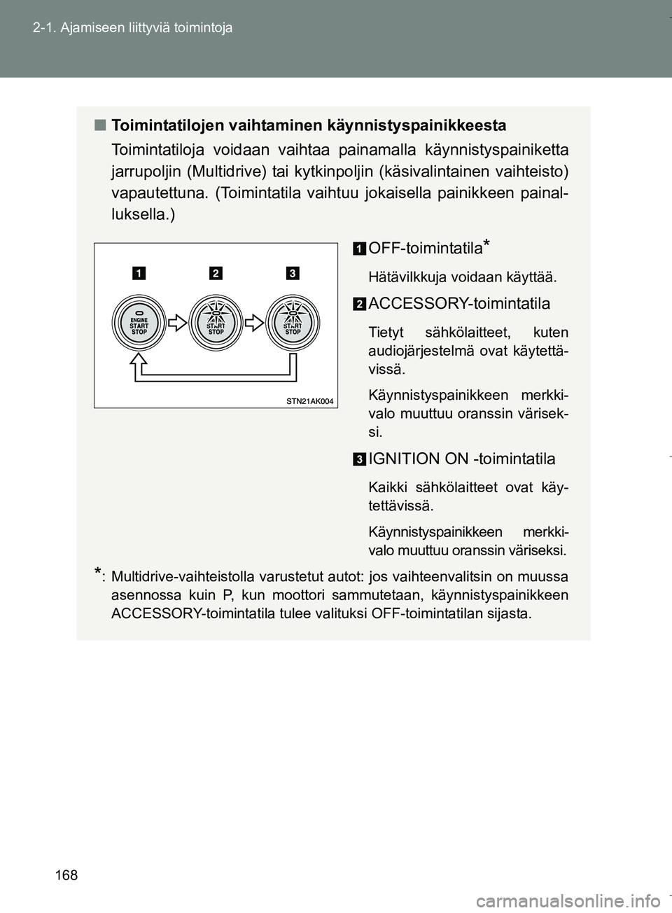 TOYOTA VERSO 2016 Omistajan Käsikirja (in Finnish) 168
2-1. Ajamiseen liittyviä toimintoja
OM64590FI
n
Toimintatilojen vaihtaminen käynnistyspainikkeesta
Toimintatiloja voidaan vaihtaa painamalla käynnistyspainiketta
jarrupoljin (Multidrive) tai k TOYOTA VERSO 2016 Omistajan Käsikirja (in Finnish) 168
2-1. Ajamiseen liittyviä toimintoja
OM64590FI
n
Toimintatilojen vaihtaminen käynnistyspainikkeesta
Toimintatiloja voidaan vaihtaa painamalla käynnistyspainiketta
jarrupoljin (Multidrive) tai k