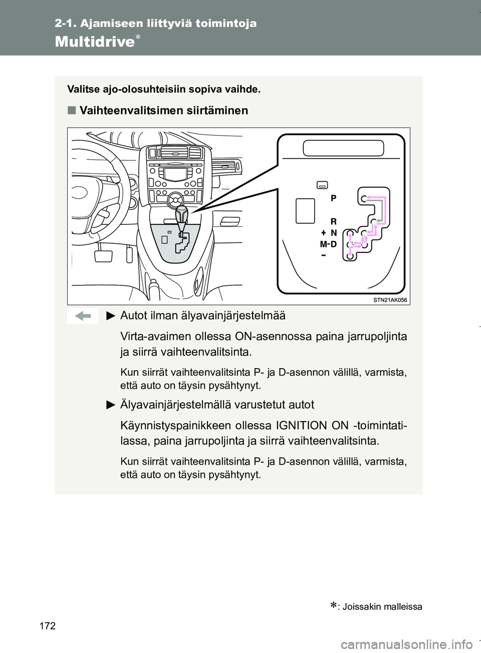 TOYOTA VERSO 2016 Omistajan Käsikirja (in Finnish) 172
2-1. Ajamiseen liittyviä toimintoja
OM64590FI
Multidrive
: Joissakin malleissa
Valitse ajo-olosuhteisiin sopiva vaihde.
nVaihteenvalitsimen siirtäminen
Autot ilman älyavainjärjestelmää TOYOTA VERSO 2016 Omistajan Käsikirja (in Finnish) 172
2-1. Ajamiseen liittyviä toimintoja
OM64590FI
Multidrive
: Joissakin malleissa
Valitse ajo-olosuhteisiin sopiva vaihde.
nVaihteenvalitsimen siirtäminen
Autot ilman älyavainjärjestelmää