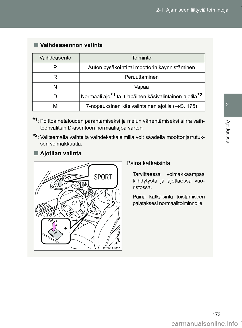 TOYOTA VERSO 2016 Omistajan Käsikirja (in Finnish) 173
2-1. Ajamiseen liittyviä toimintoja
2
Ajettaessa
OM64590FI
n
Vaihdeasennon valinta
*1: Polttoainetalouden parantamiseksi ja melun vähentämiseksi siirrä vaih-
teenvalitsin D-asentoon normaaliaj TOYOTA VERSO 2016 Omistajan Käsikirja (in Finnish) 173
2-1. Ajamiseen liittyviä toimintoja
2
Ajettaessa
OM64590FI
n
Vaihdeasennon valinta
*1: Polttoainetalouden parantamiseksi ja melun vähentämiseksi siirrä vaih-
teenvalitsin D-asentoon normaaliaj