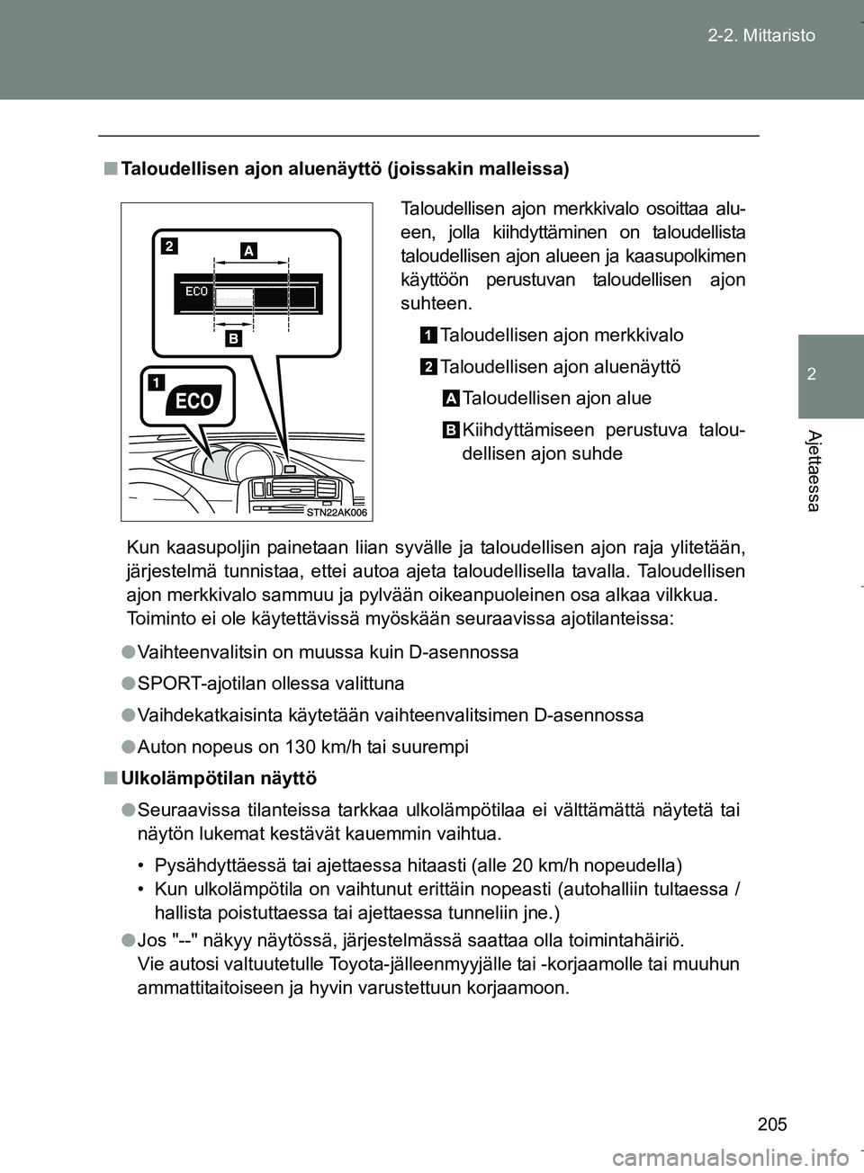 TOYOTA VERSO 2016 Omistajan Käsikirja (in Finnish) 205
2-2. Mittaristo
2
Ajettaessa
OM64590FI
n
Taloudellisen ajon aluenäyttö (joissakin malleissa)
Kun kaasupoljin painetaan liian syvälle ja taloudellisen ajon raja ylitetään,
järjestelmä tunnis TOYOTA VERSO 2016 Omistajan Käsikirja (in Finnish) 205
2-2. Mittaristo
2
Ajettaessa
OM64590FI
n
Taloudellisen ajon aluenäyttö (joissakin malleissa)
Kun kaasupoljin painetaan liian syvälle ja taloudellisen ajon raja ylitetään,
järjestelmä tunnis