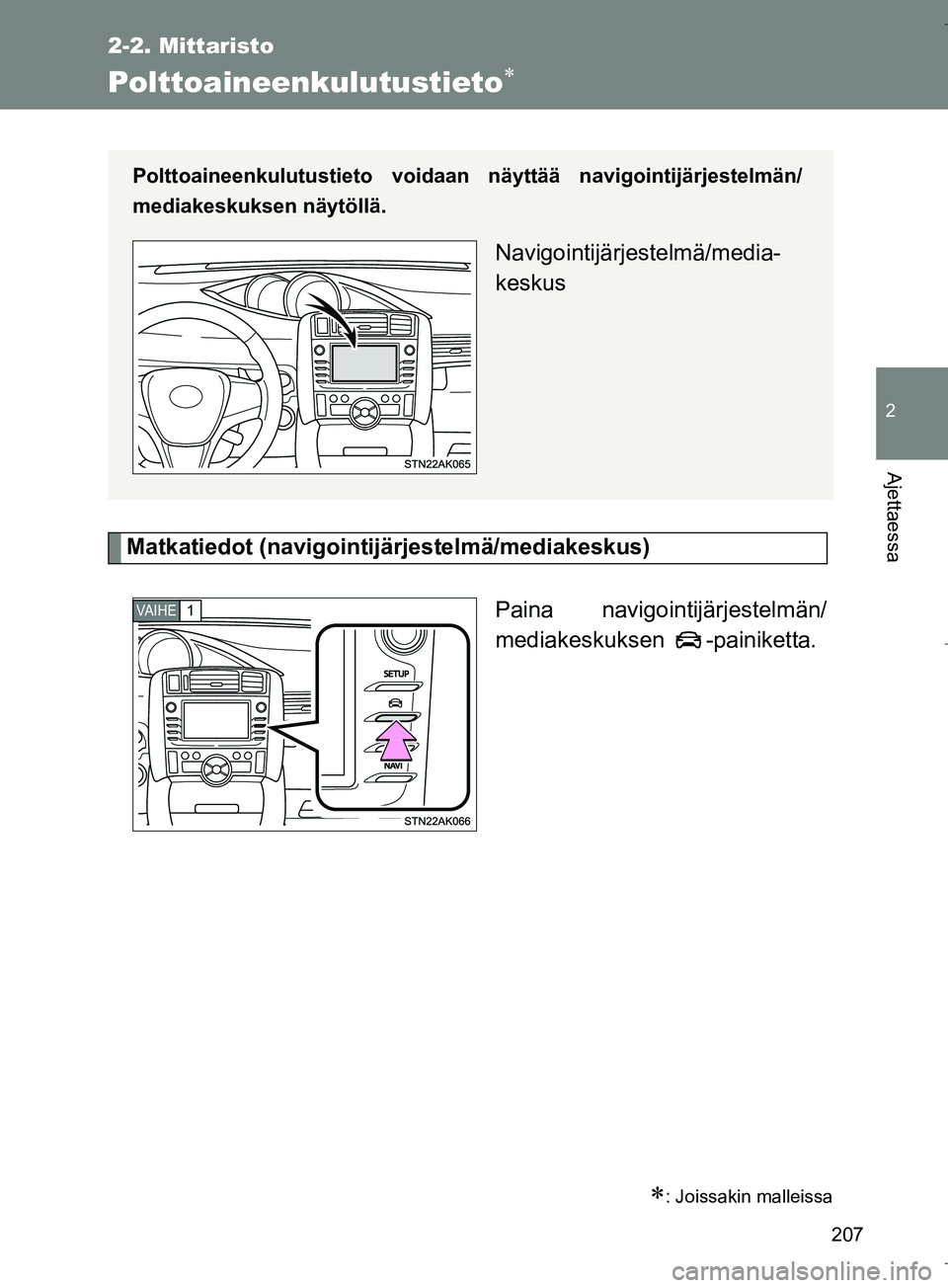 TOYOTA VERSO 2016 Omistajan Käsikirja (in Finnish) 207
2-2. Mittaristo
2
Ajettaessa
OM64590FI
Polttoaineenkulutustieto
Matkatiedot (navigointijärjestelmä/mediakeskus)Paina navigointijärjestelmän/
mediakeskuksen -painiketta.
: Joissakin malle TOYOTA VERSO 2016 Omistajan Käsikirja (in Finnish) 207
2-2. Mittaristo
2
Ajettaessa
OM64590FI
Polttoaineenkulutustieto
Matkatiedot (navigointijärjestelmä/mediakeskus)Paina navigointijärjestelmän/
mediakeskuksen -painiketta.
: Joissakin malle
