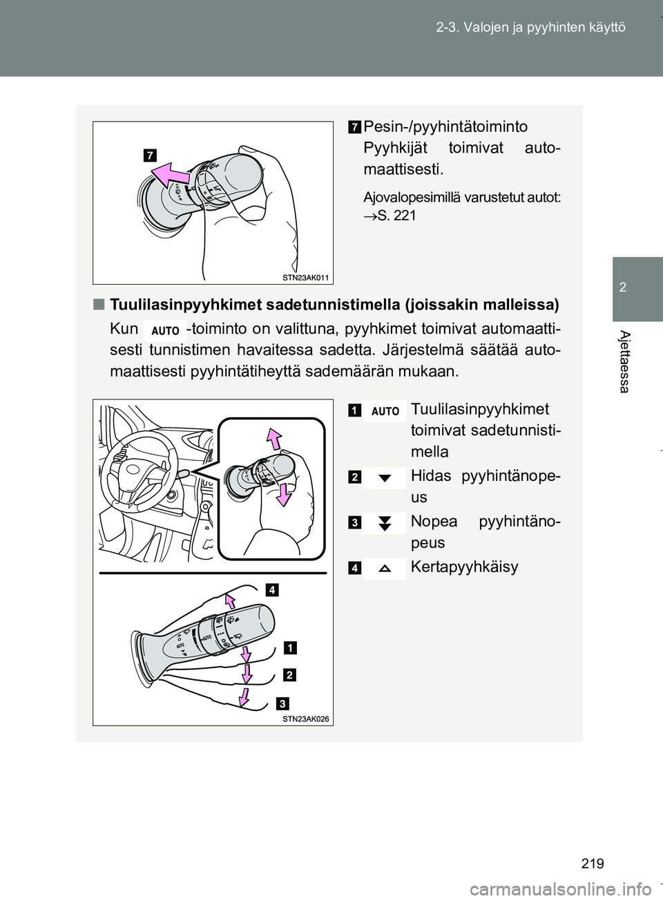 TOYOTA VERSO 2016 Omistajan Käsikirja (in Finnish) 219
2-3. Valojen ja pyyhinten käyttö
2
Ajettaessa
OM64590FI
Pesin-/pyyhintätoiminto
Pyyhkijät toimivat auto-
maattisesti.
Ajovalopesimillä varustetut autot:
ï‚®
S. 221
n Tuulilasinpyyhkimet sade TOYOTA VERSO 2016 Omistajan Käsikirja (in Finnish) 219
2-3. Valojen ja pyyhinten käyttö
2
Ajettaessa
OM64590FI
Pesin-/pyyhintätoiminto
Pyyhkijät toimivat auto-
maattisesti.
Ajovalopesimillä varustetut autot:
ï‚®
S. 221
n Tuulilasinpyyhkimet sade