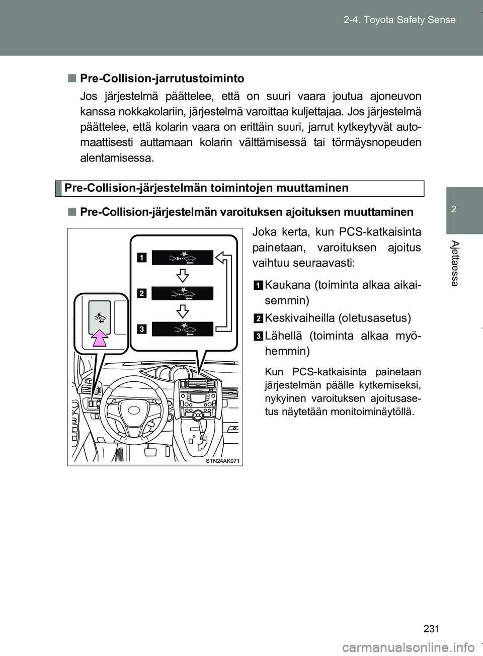 TOYOTA VERSO 2016 Omistajan Käsikirja (in Finnish) 231
2-4. Toyota Safety Sense
2
Ajettaessa
OM64590FI
n
Pre-Collision-jarrutustoiminto
Jos järjestelmä päättelee, että on suuri vaara joutua ajoneuvon
kanssa nokkakolariin, järjestelmä varo ittaa TOYOTA VERSO 2016 Omistajan Käsikirja (in Finnish) 231
2-4. Toyota Safety Sense
2
Ajettaessa
OM64590FI
n
Pre-Collision-jarrutustoiminto
Jos järjestelmä päättelee, että on suuri vaara joutua ajoneuvon
kanssa nokkakolariin, järjestelmä varo ittaa