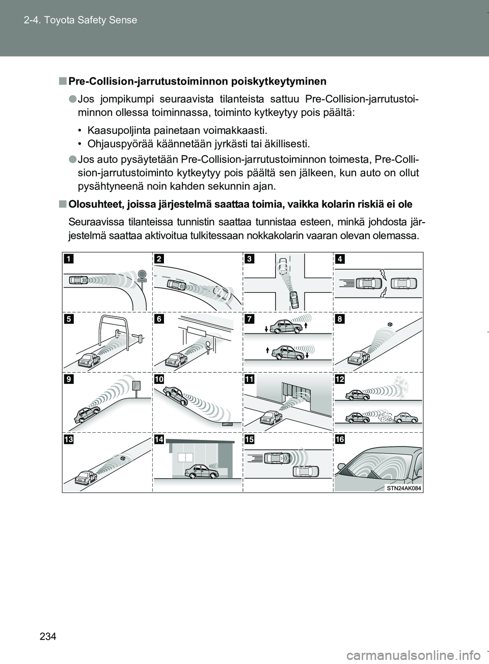 TOYOTA VERSO 2016 Omistajan Käsikirja (in Finnish) 234
2-4. Toyota Safety Sense
OM64590FI
n
Pre-Collision-jarrutustoi minnon poiskytkeytyminen
l Jos jompikumpi seuraavista tilanteista sattuu Pre-Collision-jarrutustoi-
minnon ollessa toiminnassa, toimi TOYOTA VERSO 2016 Omistajan Käsikirja (in Finnish) 234
2-4. Toyota Safety Sense
OM64590FI
n
Pre-Collision-jarrutustoi minnon poiskytkeytyminen
l Jos jompikumpi seuraavista tilanteista sattuu Pre-Collision-jarrutustoi-
minnon ollessa toiminnassa, toimi