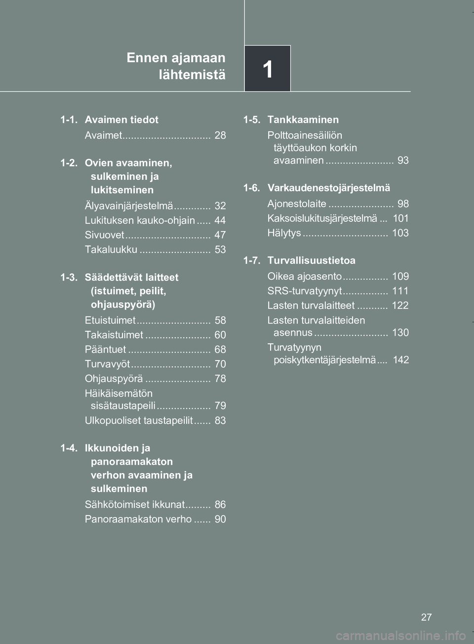 TOYOTA VERSO 2016 Omistajan Käsikirja (in Finnish) 1
Ennen ajamaanlähtemistä
27
OM64590FI
1-1. Avaimen tiedot
Avaimet............................... 28
1-2. Ovien avaaminen, sulkeminen ja
lukitseminen
Älyavainjärjestelmä............. 32
Lukit TOYOTA VERSO 2016 Omistajan Käsikirja (in Finnish) 1
Ennen ajamaanlähtemistä
27
OM64590FI
1-1. Avaimen tiedot
Avaimet............................... 28
1-2. Ovien avaaminen, sulkeminen ja
lukitseminen
Älyavainjärjestelmä............. 32
Lukit