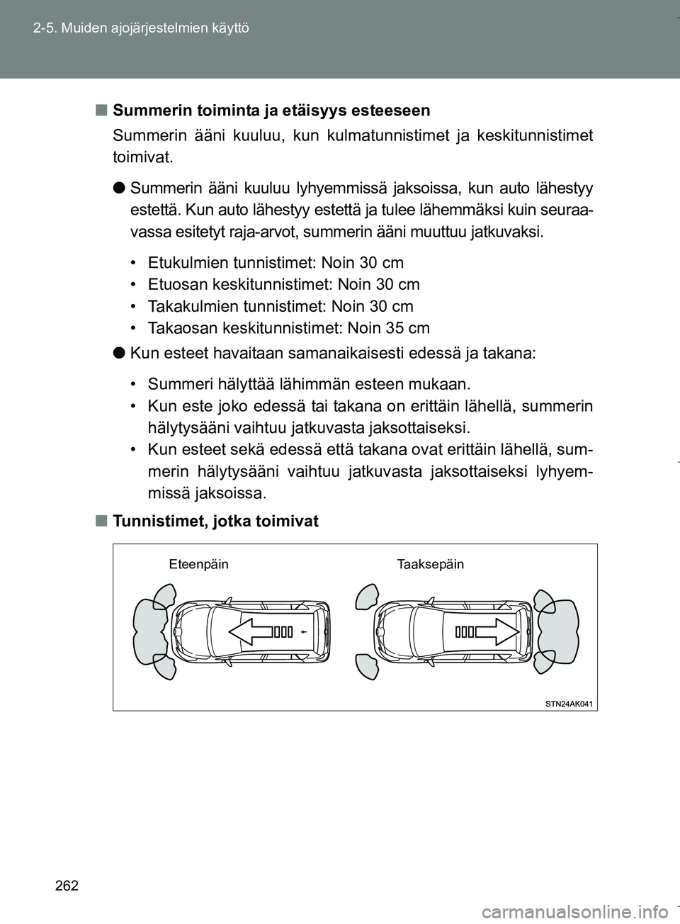 TOYOTA VERSO 2016 Omistajan Käsikirja (in Finnish) 262
2-5. Muiden ajojärjestelmien käyttö
OM64590FI
n
Summerin toiminta ja etäisyys esteeseen
Summerin ääni kuuluu, kun kulmatunnistimet ja keskitunnistimet
toimivat.
lSummerin ääni kuuluu lyhye TOYOTA VERSO 2016 Omistajan Käsikirja (in Finnish) 262
2-5. Muiden ajojärjestelmien käyttö
OM64590FI
n
Summerin toiminta ja etäisyys esteeseen
Summerin ääni kuuluu, kun kulmatunnistimet ja keskitunnistimet
toimivat.
lSummerin ääni kuuluu lyhye