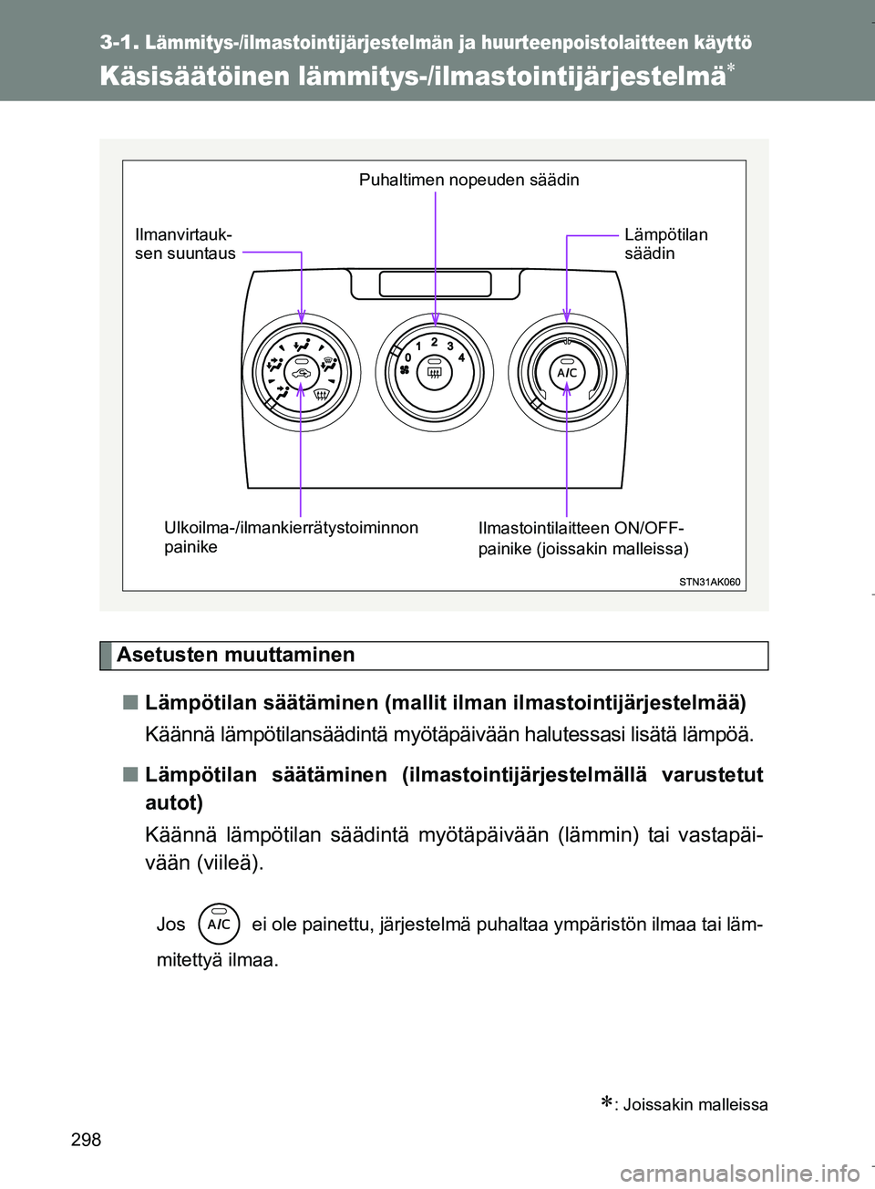 TOYOTA VERSO 2016  Omistajan Käsikirja (in Finnish) 298
OM64590FI
3-1.Lämmitys-/ilmastointijärjestelmän ja huurteenpoistolaitteen käyttö
Käsisäätöinen lämmitys-/ilmastointijärjestelmä
Asetusten muuttaminen
n Lämpötilan säätäminen (m