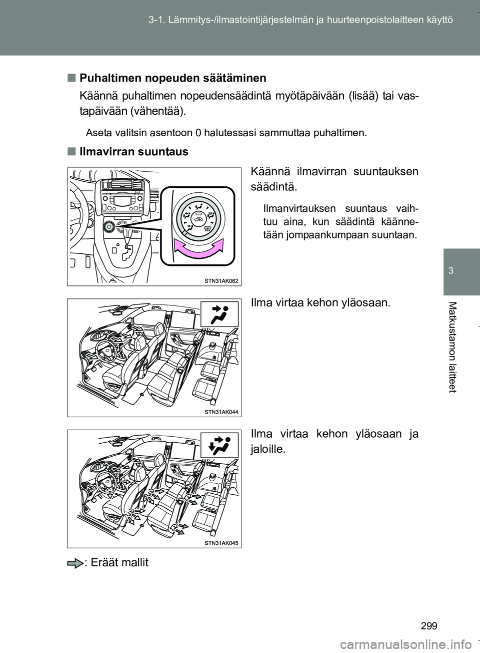 TOYOTA VERSO 2016  Omistajan Käsikirja (in Finnish) 299
3-1. Lämmitys-/ilmastointijärjestelm
än ja huurteenpoistolaitteen käyttö
3
Matkustamon laitteet
OM64590FIn
Puhaltimen nopeuden säätäminen
Käännä puhaltimen nopeudensäädintä myötäp