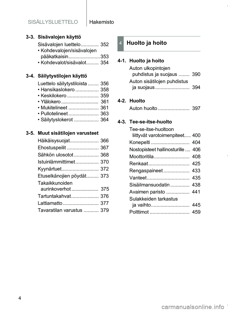 TOYOTA VERSO 2016 Omistajan Käsikirja (in Finnish) SISÄLLYSLUETTELOHakemisto
4
OM64590FI
3-3. Sisävalojen käyttöSisävalojen luettelo ............. 352
• Kohdevalojen/sisävalojen pääkatkaisin....................... 353
• Kohdevalot/sisäva TOYOTA VERSO 2016 Omistajan Käsikirja (in Finnish) SISÄLLYSLUETTELOHakemisto
4
OM64590FI
3-3. Sisävalojen käyttöSisävalojen luettelo ............. 352
• Kohdevalojen/sisävalojen pääkatkaisin....................... 353
• Kohdevalot/sisäva