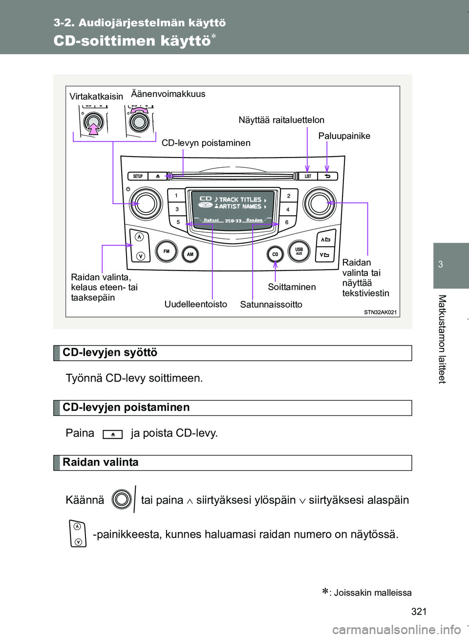 TOYOTA VERSO 2016 Omistajan Käsikirja (in Finnish) 321
3-2. Audiojärjestelmän käyttö
3
Matkustamon laitteet
OM64590FI
CD-soittimen käyttö
CD-levyjen syöttöTyönnä CD-levy soittimeen.
CD-levyjen poistaminenPaina ja poista CD-levy.
Raidan TOYOTA VERSO 2016 Omistajan Käsikirja (in Finnish) 321
3-2. Audiojärjestelmän käyttö
3
Matkustamon laitteet
OM64590FI
CD-soittimen käyttö
CD-levyjen syöttöTyönnä CD-levy soittimeen.
CD-levyjen poistaminenPaina ja poista CD-levy.
Raidan