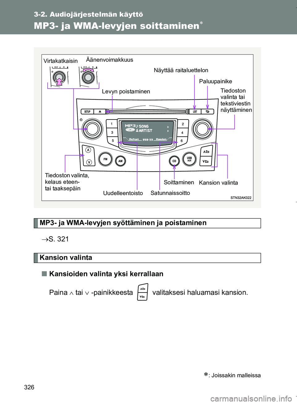 TOYOTA VERSO 2016 Omistajan Käsikirja (in Finnish) 326
3-2. Audiojärjestelmän käyttö
OM64590FI
MP3- ja WMA-levyjen soittaminen
MP3- ja WMA-levyjen syöttäminen ja poistaminen S. 321
Kansion valinta
n Kansioiden valinta yksi kerrallaan
Paina TOYOTA VERSO 2016 Omistajan Käsikirja (in Finnish) 326
3-2. Audiojärjestelmän käyttö
OM64590FI
MP3- ja WMA-levyjen soittaminen
MP3- ja WMA-levyjen syöttäminen ja poistaminen S. 321
Kansion valinta
n Kansioiden valinta yksi kerrallaan
Paina