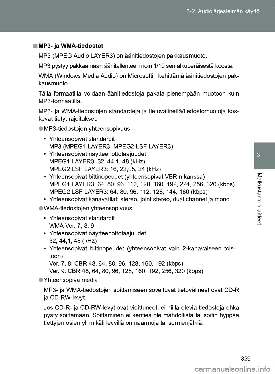 TOYOTA VERSO 2016 Omistajan Käsikirja (in Finnish) 329
3-2. Audiojärjestelmän käyttö
3
Matkustamon laitteet
OM64590FI
n
MP3- ja WMA-tiedostot
MP3 (MPEG Audio LAYER3) on äänitiedostojen pakkausmuoto.
MP3 pystyy pakkaamaan äänitallenteen noin 1/ TOYOTA VERSO 2016 Omistajan Käsikirja (in Finnish) 329
3-2. Audiojärjestelmän käyttö
3
Matkustamon laitteet
OM64590FI
n
MP3- ja WMA-tiedostot
MP3 (MPEG Audio LAYER3) on äänitiedostojen pakkausmuoto.
MP3 pystyy pakkaamaan äänitallenteen noin 1/