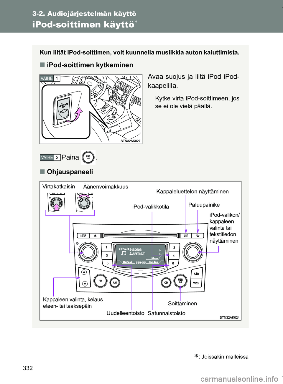 TOYOTA VERSO 2016 Omistajan Käsikirja (in Finnish) 332
3-2. Audiojärjestelmän käyttö
OM64590FI
iPod-soittimen käyttö
: Joissakin malleissa
Kun liität iPod-soittimen, voit kuunnella musiikkia auton kaiuttimista.
niPod-soittimen kytkeminen
TOYOTA VERSO 2016 Omistajan Käsikirja (in Finnish) 332
3-2. Audiojärjestelmän käyttö
OM64590FI
iPod-soittimen käyttö
: Joissakin malleissa
Kun liität iPod-soittimen, voit kuunnella musiikkia auton kaiuttimista.
niPod-soittimen kytkeminen