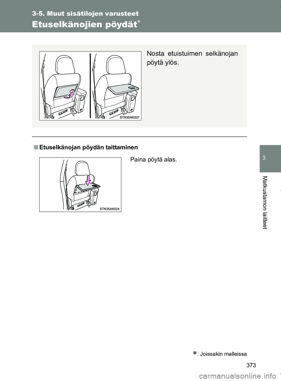 TOYOTA VERSO 2016  Omistajan Käsikirja (in Finnish) 373
3-5. Muut sisätilojen varusteet
3
Matkustamon laitteet
OM64590FI
Etuselkänojien pöydät
: Joissakin malleissa
nEtuselkänojan pöydän taittaminen
Nosta etuistuimen selkänojan
pöytä yl