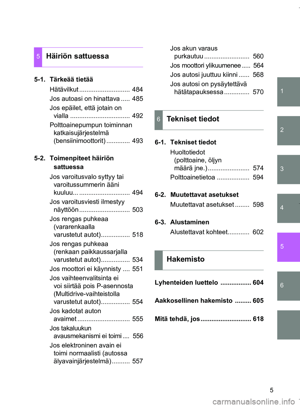 TOYOTA VERSO 2016 Omistajan Käsikirja (in Finnish) 1
2
3
4
5
6
5
OM64590FI
5-1. Tärkeää tietääHätävilkut ............................ 484
Jos autoasi on hinattava ..... 485
Jos epäilet, että jotain on vialla ................................ TOYOTA VERSO 2016 Omistajan Käsikirja (in Finnish) 1
2
3
4
5
6
5
OM64590FI
5-1. Tärkeää tietääHätävilkut ............................ 484
Jos autoasi on hinattava ..... 485
Jos epäilet, että jotain on vialla ................................