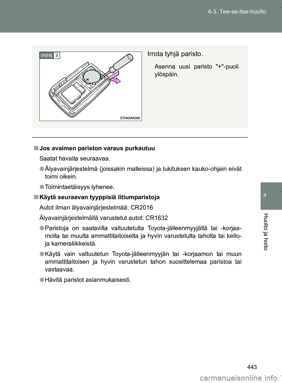 TOYOTA VERSO 2016  Omistajan Käsikirja (in Finnish) 443
4-3. Tee-se-itse-huolto
4
Huolto ja hoito
OM64590FI
n
Jos avaimen pariston varaus purkautuu
Saatat havaita seuraavaa.
l Älyavainjärjestelmä (joissakin malleissa) ja lukituksen kauko-ohjain eiv