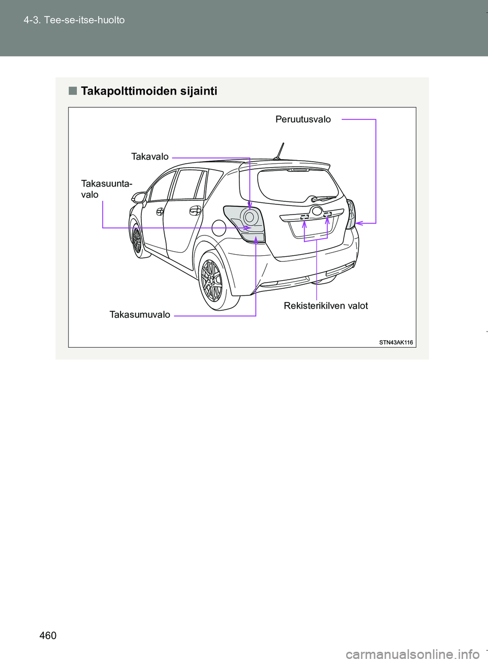 TOYOTA VERSO 2016  Omistajan Käsikirja (in Finnish) 460
4-3. Tee-se-itse-huolto
OM64590FI
n
Takapolttimoiden sijainti
Takavalo
Rekisterikilven valot
Takasuunta-
valo
Peruutusvalo
Takasumuvalo
OM64590FI.book  Page 460  Thursday, August 4, 2016  1:04 PM 
