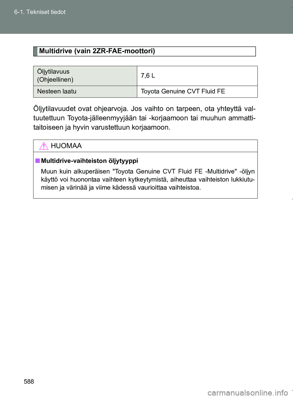 TOYOTA VERSO 2016 Omistajan Käsikirja (in Finnish) 588
6-1. Tekniset tiedot
OM64590FI
Multidrive (vain 2ZR-FAE-moottori)
Öljytilavuudet ovat ohjearvoja. Jos vaihto on tarpeen, ota yhteyttä val-
tuutettuun Toyota-jälleenmyyjään tai -korjaamoon ta TOYOTA VERSO 2016 Omistajan Käsikirja (in Finnish) 588
6-1. Tekniset tiedot
OM64590FI
Multidrive (vain 2ZR-FAE-moottori)
Öljytilavuudet ovat ohjearvoja. Jos vaihto on tarpeen, ota yhteyttä val-
tuutettuun Toyota-jälleenmyyjään tai -korjaamoon ta