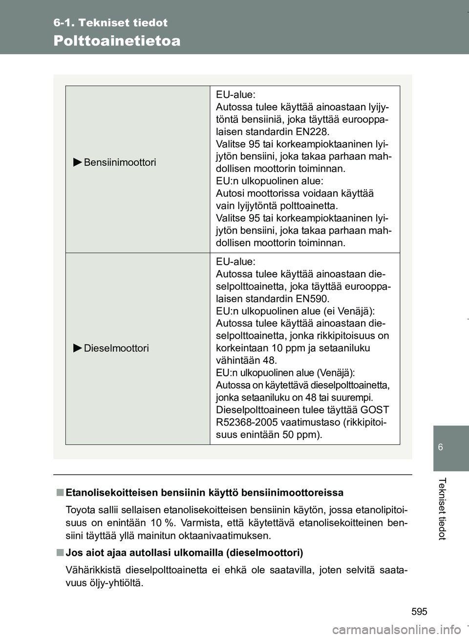 TOYOTA VERSO 2016  Omistajan Käsikirja (in Finnish) 595
6-1. Tekniset tiedot
6
Tekniset tiedot
OM64590FI
Polttoainetietoa
nEtanolisekoitteisen bensiinin käyttö bensiinimoottoreissa
Toyota sallii sellaisen etanolisekoitteisen bensiinin käytön, jossa