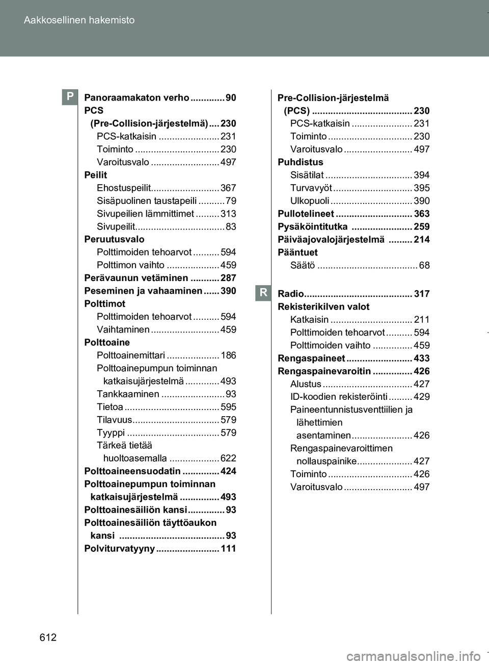 TOYOTA VERSO 2016 Omistajan Käsikirja (in Finnish) 612
Aakkosellinen hakemisto
OM64590FI
Panoraamakaton verho ............. 90
PCS
(Pre-Collision-järjestelmä) .... 230
PCS-katkaisin ....................... 231
Toiminto ............................. TOYOTA VERSO 2016 Omistajan Käsikirja (in Finnish) 612
Aakkosellinen hakemisto
OM64590FI
Panoraamakaton verho ............. 90
PCS
(Pre-Collision-järjestelmä) .... 230
PCS-katkaisin ....................... 231
Toiminto .............................