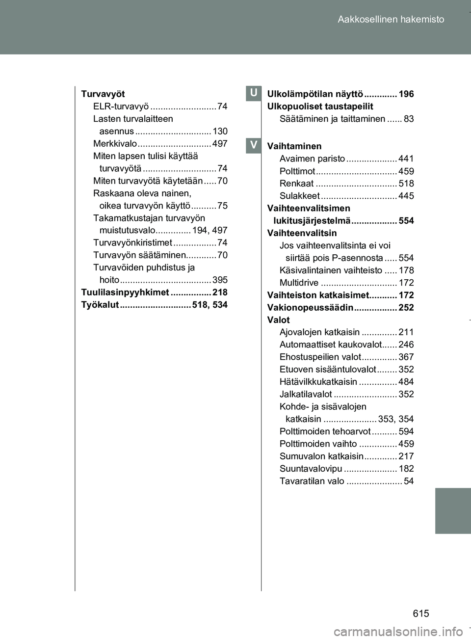 TOYOTA VERSO 2016 Omistajan Käsikirja (in Finnish) 615
Aakkosellinen hakemisto
OM64590FI
Turvavyöt
ELR-turvavyö .......................... 74
Lasten turvalaitteen asennus .............................. 130
Merkkivalo ............................. 49 TOYOTA VERSO 2016 Omistajan Käsikirja (in Finnish) 615
Aakkosellinen hakemisto
OM64590FI
Turvavyöt
ELR-turvavyö .......................... 74
Lasten turvalaitteen asennus .............................. 130
Merkkivalo ............................. 49