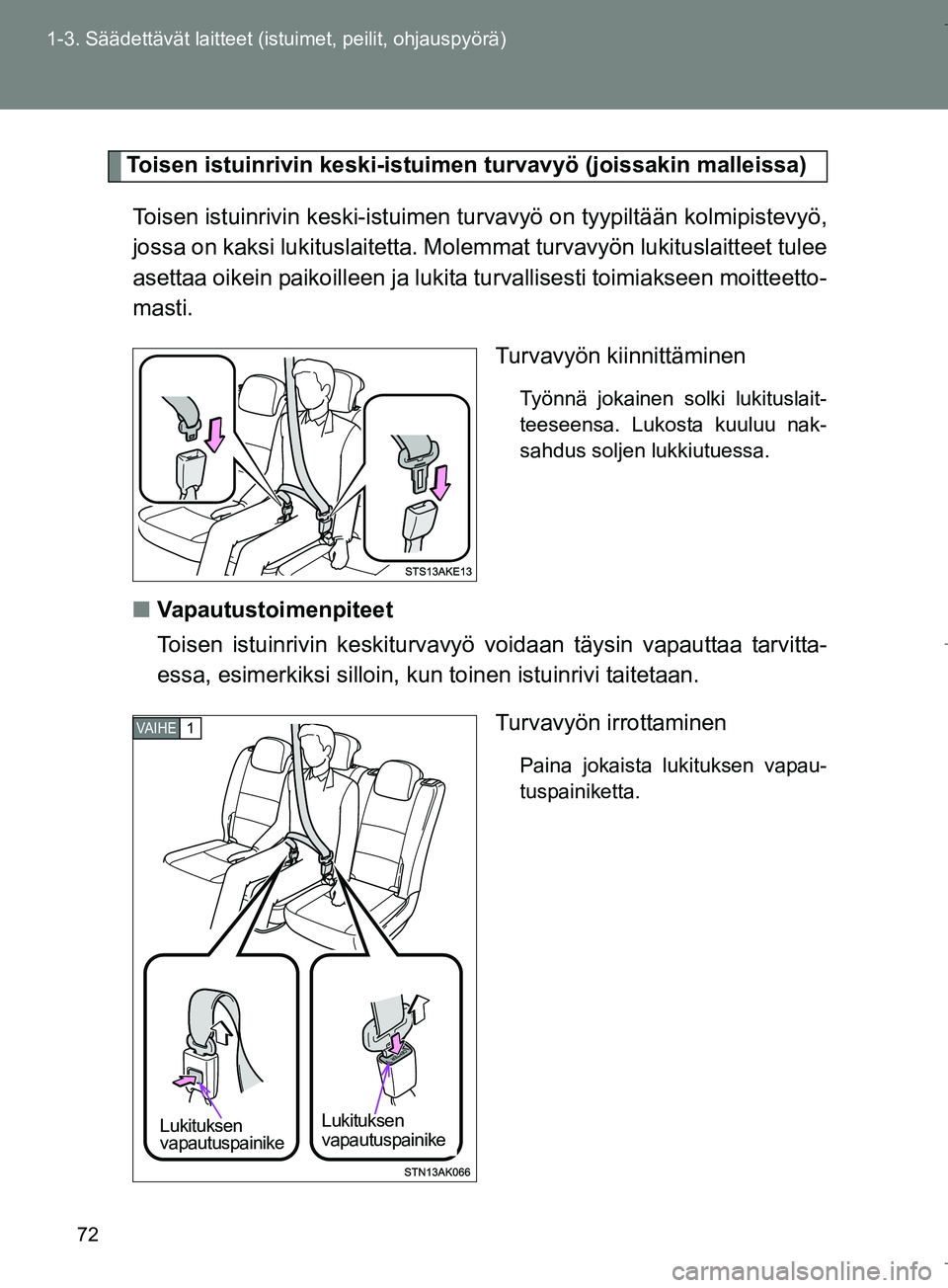 TOYOTA VERSO 2016 Omistajan Käsikirja (in Finnish) 72
1-3. Säädettävät laitteet (istuimet, peilit, ohjauspyörä)
OM64590FI
Toisen istuinrivin keski-istuimen turvavyö (joissakin malleissa)
Toisen istuinrivin keski- istuimen turvavyö on tyypiltä TOYOTA VERSO 2016 Omistajan Käsikirja (in Finnish) 72
1-3. Säädettävät laitteet (istuimet, peilit, ohjauspyörä)
OM64590FI
Toisen istuinrivin keski-istuimen turvavyö (joissakin malleissa)
Toisen istuinrivin keski- istuimen turvavyö on tyypiltä