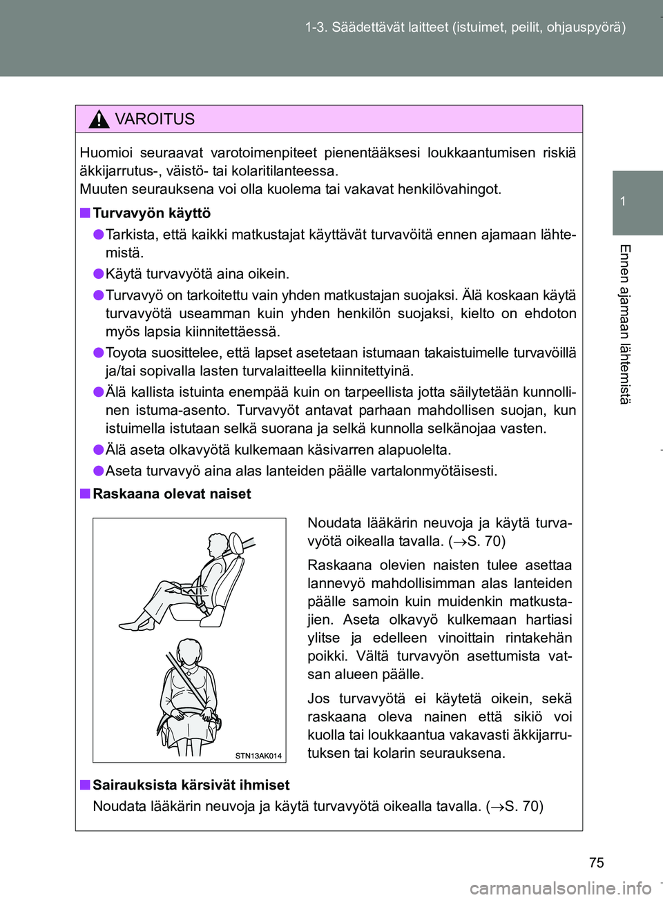 TOYOTA VERSO 2016 Omistajan Käsikirja (in Finnish) 75
1-3. Säädettävät la
itteet (istuimet, peilit, ohjauspyörä)
1
Ennen ajamaan lähtemistä
OM64590FI
VAROITUS
Huomioi seuraavat varotoimenpiteet pienentääksesi loukkaantumisen riskiä
äkkijar TOYOTA VERSO 2016 Omistajan Käsikirja (in Finnish) 75
1-3. Säädettävät la
itteet (istuimet, peilit, ohjauspyörä)
1
Ennen ajamaan lähtemistä
OM64590FI
VAROITUS
Huomioi seuraavat varotoimenpiteet pienentääksesi loukkaantumisen riskiä
äkkijar