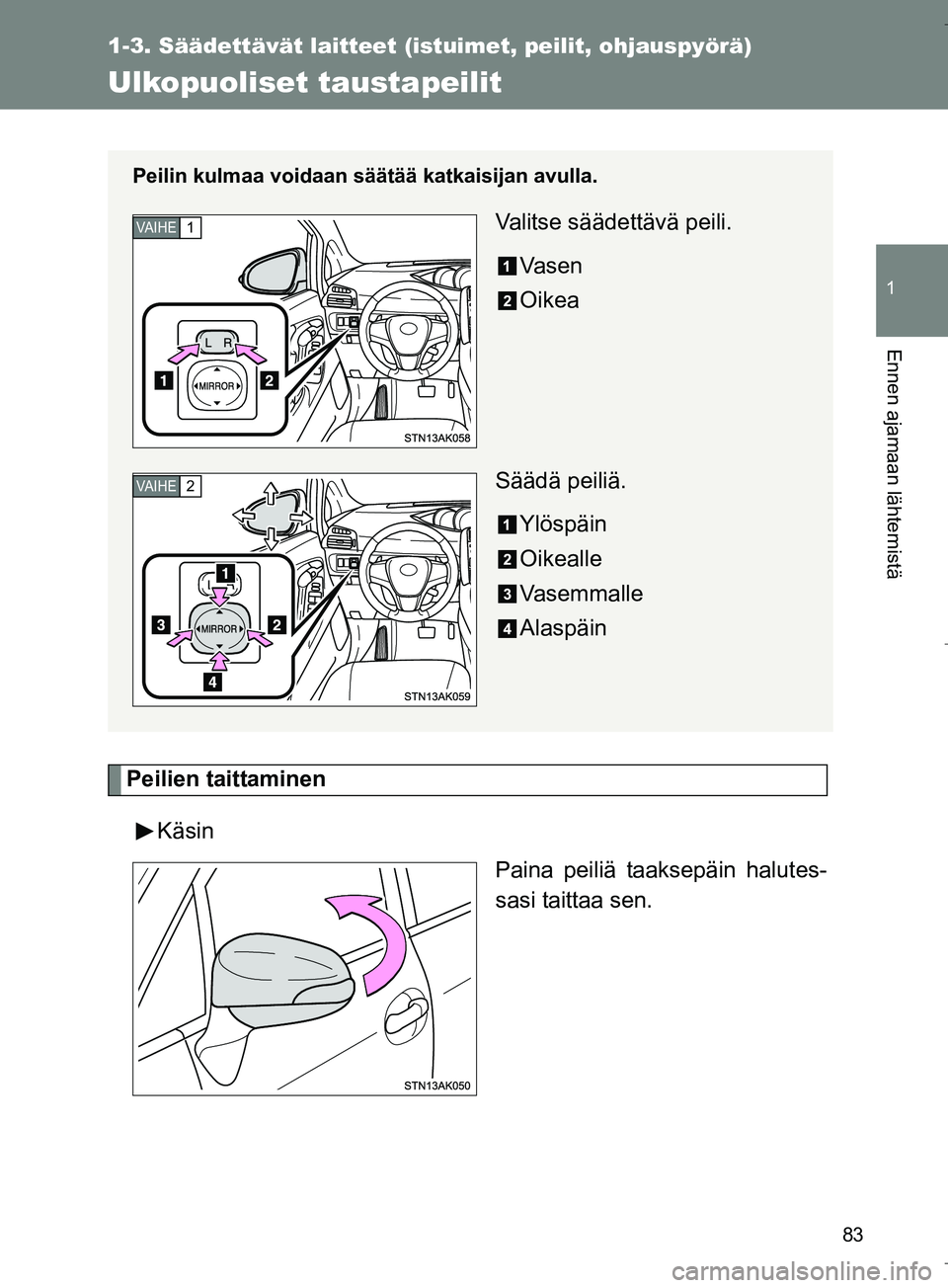 TOYOTA VERSO 2016 Omistajan Käsikirja (in Finnish) 83
1
1-3. Säädettävät laitteet (istuimet, peilit, ohjauspyörä)
Ennen ajamaan lähtemistä
OM64590FI
Ulkopuoliset taustapeilit
Peilien taittaminenKäsin Paina peiliä taaksepäin halutes-
sasi ta TOYOTA VERSO 2016 Omistajan Käsikirja (in Finnish) 83
1
1-3. Säädettävät laitteet (istuimet, peilit, ohjauspyörä)
Ennen ajamaan lähtemistä
OM64590FI
Ulkopuoliset taustapeilit
Peilien taittaminenKäsin Paina peiliä taaksepäin halutes-
sasi ta