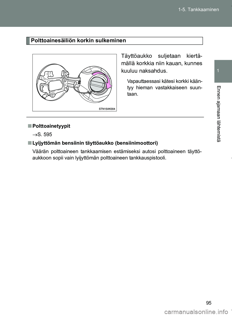 TOYOTA VERSO 2016 Omistajan Käsikirja (in Finnish) 95
1-5. Tankkaaminen
1
Ennen ajamaan lähtemistä
OM64590FI
Polttoainesäiliön korkin sulkeminen
Täyttöaukko suljetaan kiertä-
mällä korkkia niin kauan, kunnes
kuuluu naksahdus.
Vapauttaessasi k TOYOTA VERSO 2016 Omistajan Käsikirja (in Finnish) 95
1-5. Tankkaaminen
1
Ennen ajamaan lähtemistä
OM64590FI
Polttoainesäiliön korkin sulkeminen
Täyttöaukko suljetaan kiertä-
mällä korkkia niin kauan, kunnes
kuuluu naksahdus.
Vapauttaessasi k