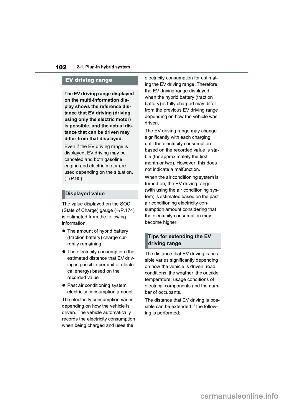 TOYOTA VERSO S 2011 Owners Manual 1022-1. Plug-in hybrid system
The value displayed on the SOC
(State of Charge) gauge (P.174)
is estimated from the following
information.
The amount of hybrid battery
(traction battery) char TOYOTA VERSO S 2011 Owners Manual 1022-1. Plug-in hybrid system
The value displayed on the SOC
(State of Charge) gauge (P.174)
is estimated from the following
information.
The amount of hybrid battery
(traction battery) char