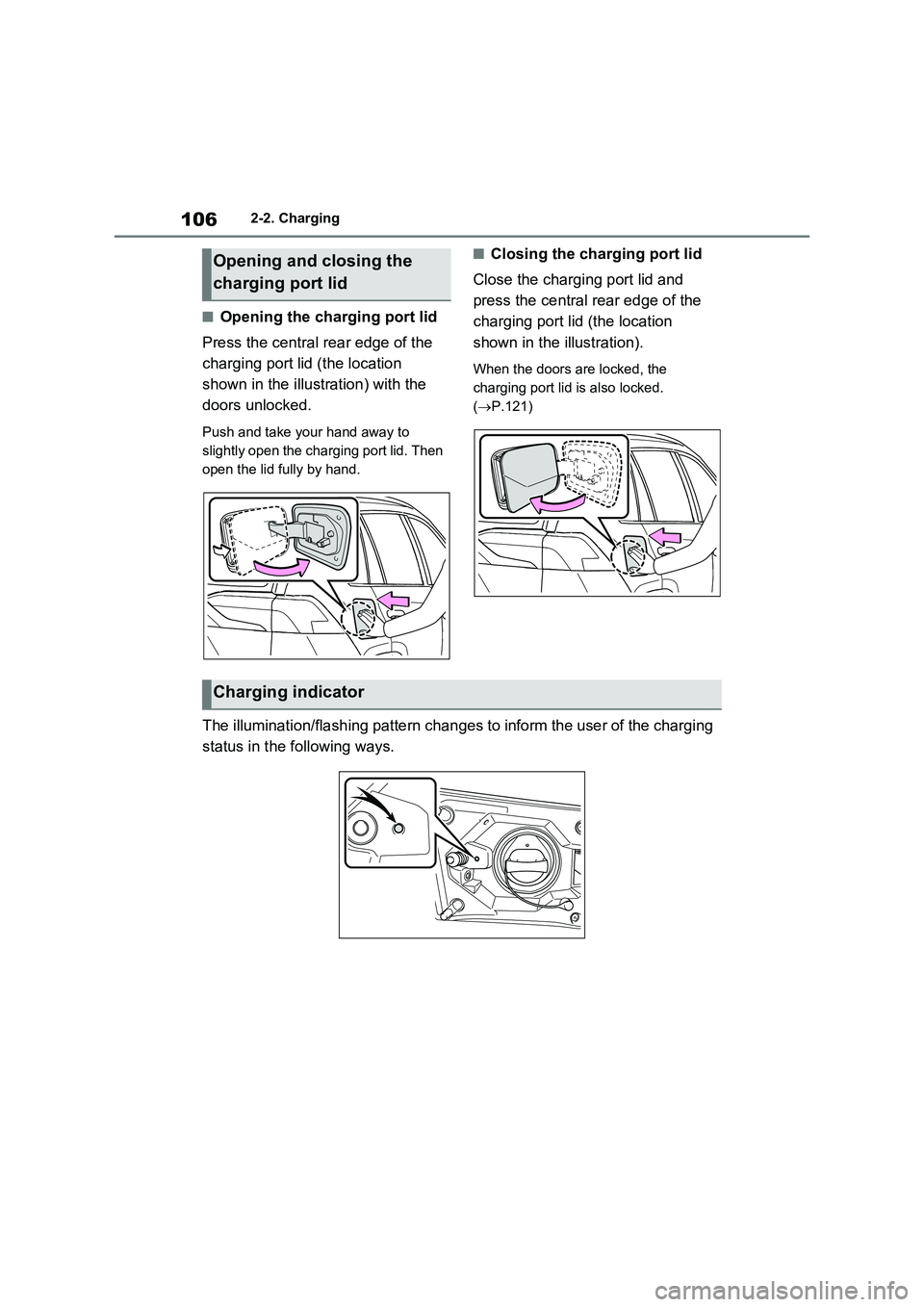 TOYOTA VERSO S 2011 Owners Manual 1062-2. Charging
■Opening the charging port lid
Press the central rear edge of the
charging port lid (the location
shown in the illustration) with the
doors unlocked.
Push and take your hand away TOYOTA VERSO S 2011 Owners Manual 1062-2. Charging
■Opening the charging port lid
Press the central rear edge of the
charging port lid (the location
shown in the illustration) with the
doors unlocked.
Push and take your hand away