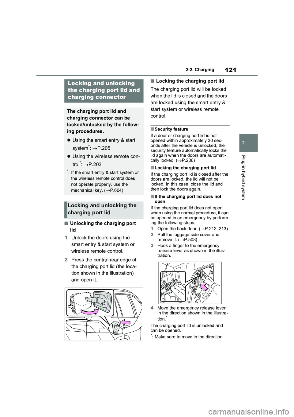 TOYOTA VERSO S 2011 Owners Manual 121
2 2-2. Charging
Plug-in hybrid system
■Unlocking the charging port
lid
1Unlock the doors using the
smart entry & start system or
wireless remote control.
2Press the central rear edge of
the TOYOTA VERSO S 2011 Owners Manual 121
2 2-2. Charging
Plug-in hybrid system
■Unlocking the charging port
lid
1Unlock the doors using the
smart entry & start system or
wireless remote control.
2Press the central rear edge of
the