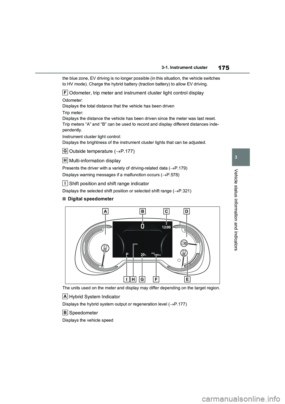 TOYOTA VERSO S 2011 Owners Manual 175
3 3-1. Instrument cluster
Vehicle status information and indicators
the blue zone, EV driving is no longer possible (in this situation, the vehicle switches
to HV mode). Charge the hybrid battery TOYOTA VERSO S 2011 Owners Manual 175
3 3-1. Instrument cluster
Vehicle status information and indicators
the blue zone, EV driving is no longer possible (in this situation, the vehicle switches
to HV mode). Charge the hybrid battery