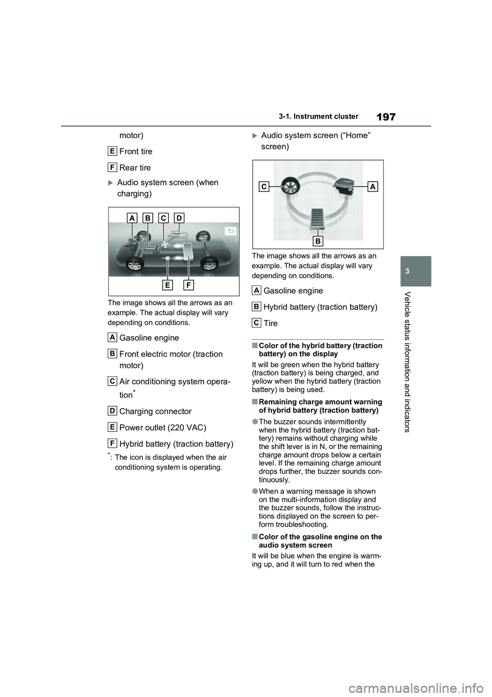 TOYOTA VERSO S 2011 Owners Manual 197
3 3-1. Instrument cluster
Vehicle status information and indicators
motor)
Front tire
Rear tire
Audio system screen (when
charging)
The image shows all the arrows as an
example. The actual di TOYOTA VERSO S 2011 Owners Manual 197
3 3-1. Instrument cluster
Vehicle status information and indicators
motor)
Front tire
Rear tire
Audio system screen (when
charging)
The image shows all the arrows as an
example. The actual di