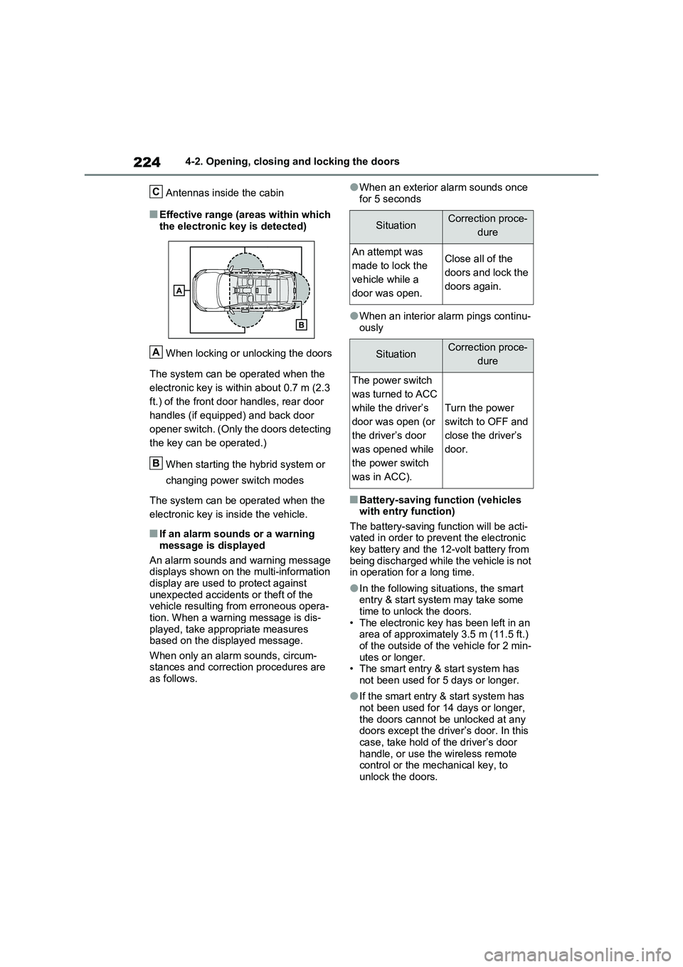 TOYOTA VERSO S 2011 Owners Manual 2244-2. Opening, closing and locking the doors
Antennas inside the cabin
■Effective range (areas within which
the electronic key is detected)
When locking or unlocking the doors
The system can TOYOTA VERSO S 2011 Owners Manual 2244-2. Opening, closing and locking the doors
Antennas inside the cabin
■Effective range (areas within which
the electronic key is detected)
When locking or unlocking the doors
The system can