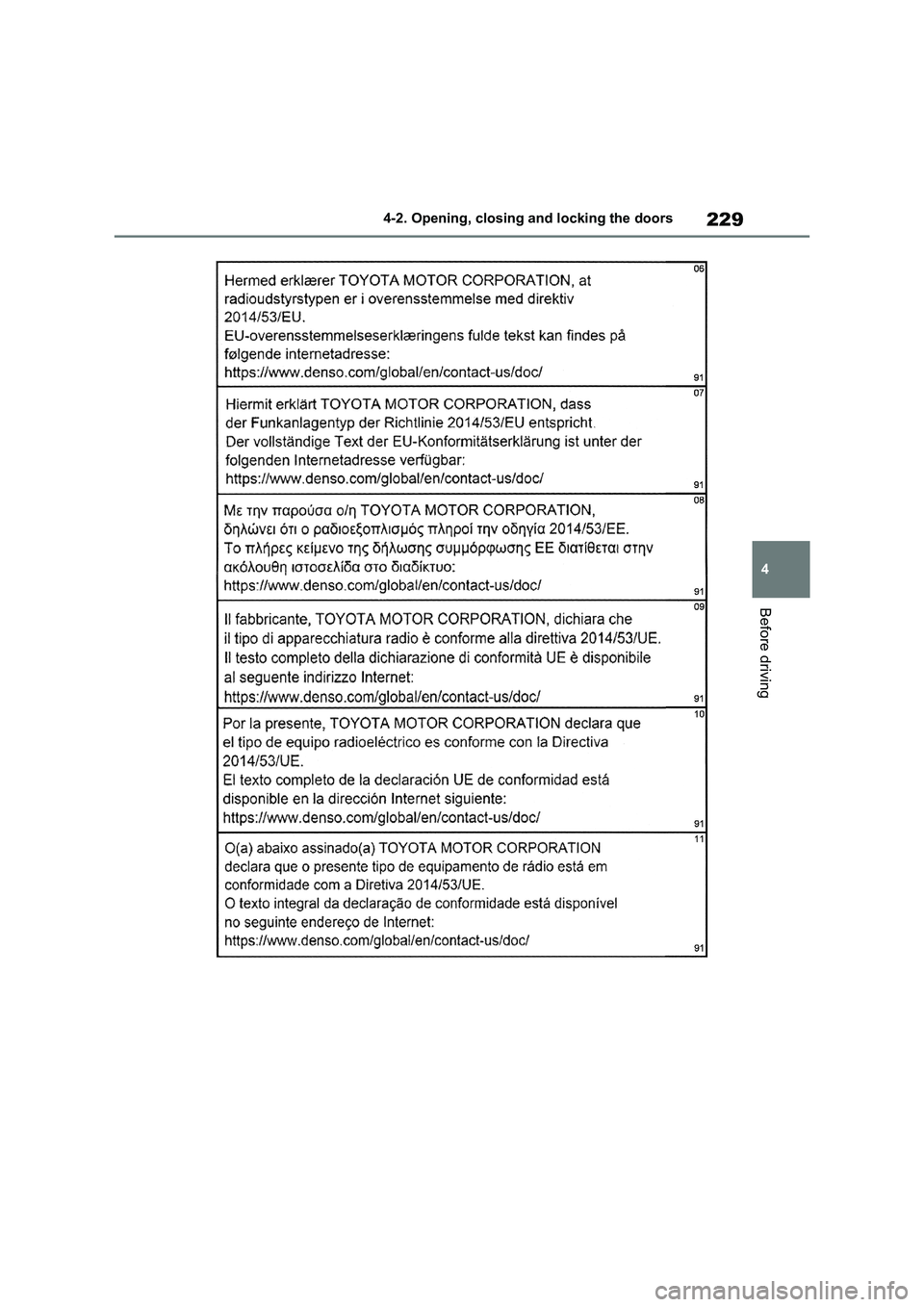 TOYOTA VERSO S 2011 Owners Manual 229
4 4-2. Opening, closing and locking the doors
Before driving TOYOTA VERSO S 2011 Owners Manual 229
4 4-2. Opening, closing and locking the doors
Before driving