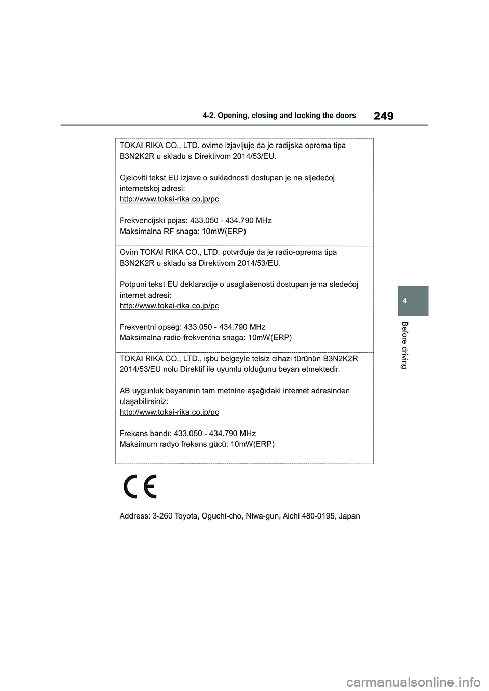 TOYOTA VERSO S 2011 Owners Manual 249
4 4-2. Opening, closing and locking the doors
Before driving TOYOTA VERSO S 2011 Owners Manual 249
4 4-2. Opening, closing and locking the doors
Before driving