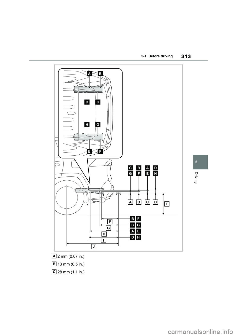 TOYOTA VERSO S 2011 Owners Manual 313
5 5-1. Before driving
Driving
2 mm (0.07 in.)
13 mm (0.5 in.)
28 mm (1.1 in.)A
B
C TOYOTA VERSO S 2011 Owners Manual 313
5 5-1. Before driving
Driving
2 mm (0.07 in.)
13 mm (0.5 in.)
28 mm (1.1 in.)A
B
C