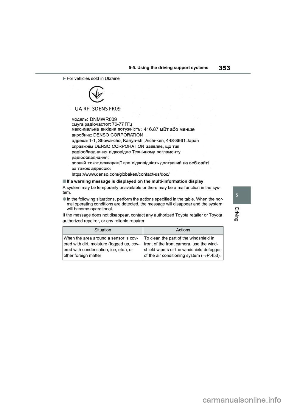 TOYOTA VERSO S 2011  Owners Manual 353
5 5-5. Using the driving support systems
Driving
For vehicles sold in Ukraine
■If a warning message is displayed on the multi-information display
A system may be temporarily unavailable or th