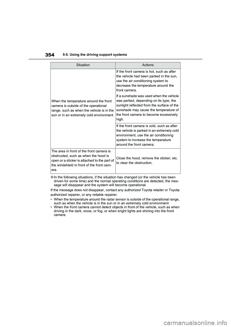 TOYOTA VERSO S 2011  Owners Manual 3545-5. Using the driving support systems
●In the following situations, if the situation has changed (or the vehicle has been 
driven for some time) and the normal operating conditions are detected,